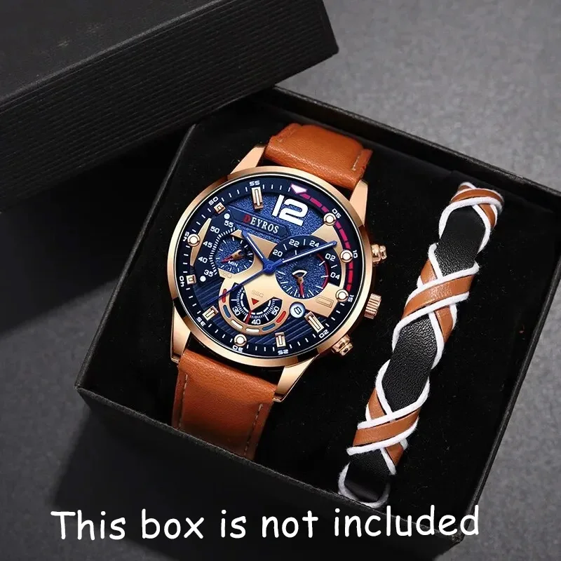 2PCS Set Luxury Brown Mens Quartz Watches Fashion Male Business Casual Wristwatch with Bracelet
