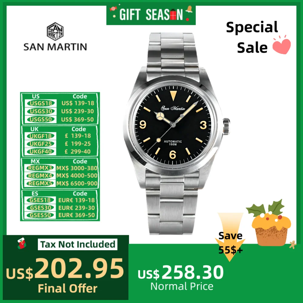 San Martin Explore 39mm Men Watch Oyster Bracelet Retro Sapphire YN55 Automatic Mechanical Sport Watches часы мужские SN0020-1