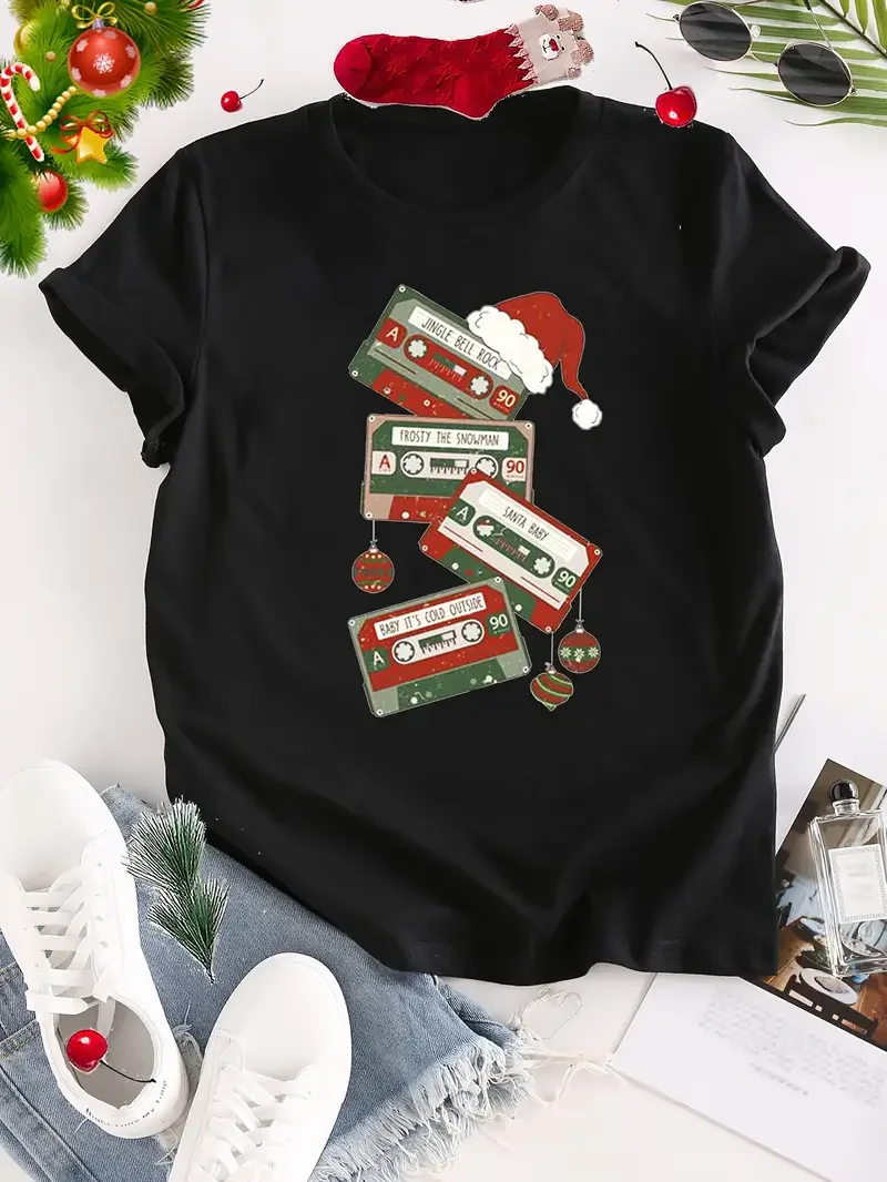 Magnetic Christmas Hat Graphic T-Shirt Summer women's Harajuku Casual O-Neck Fashionable Girls clothes minimal design top