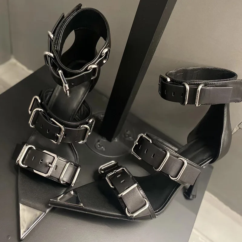 Pointed Toe High Heels Women Belt Buckle Fashion Designer Sandals Open-toe Metal Buckle Roman Sandals Sexy Punk Sandals Women