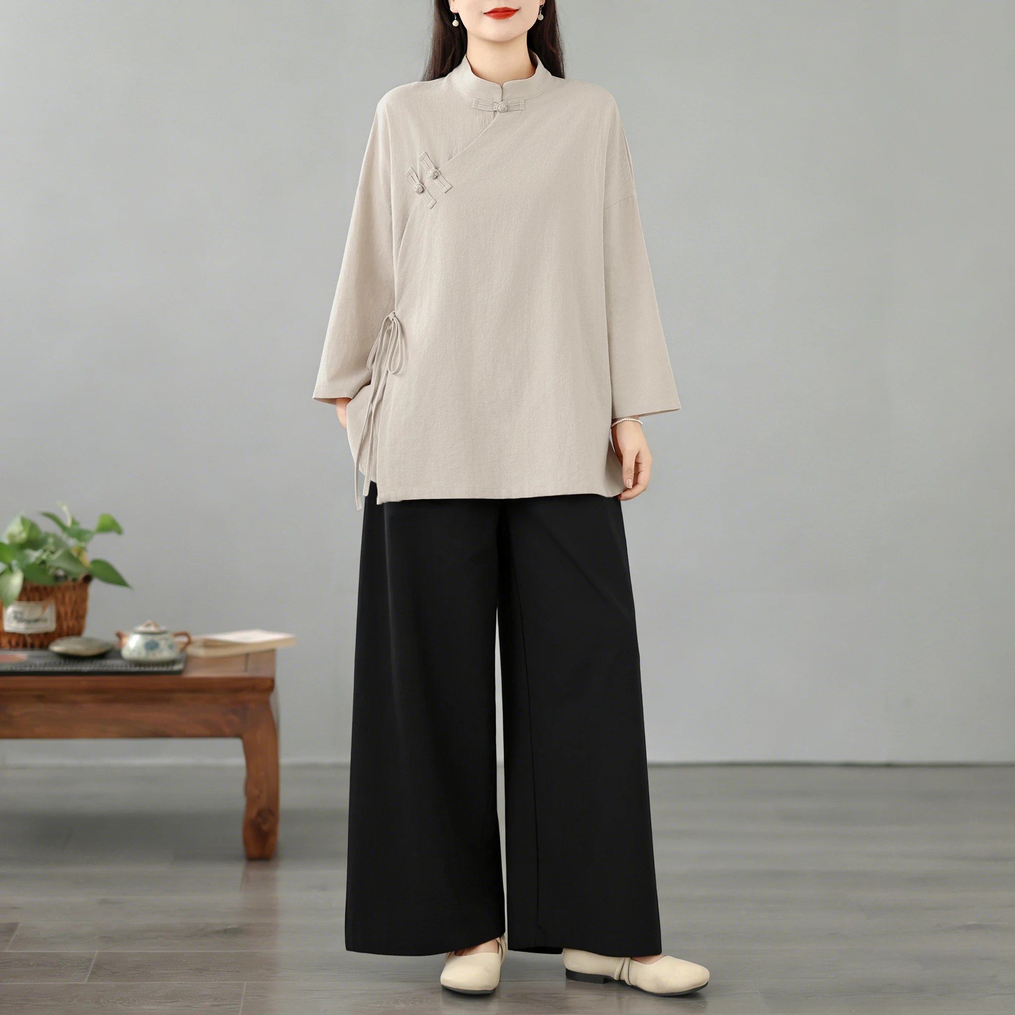 New Chinese Style Thin Cotton Linen Zen Tea Shirt Tai Chi Work Uniform Long Shirt Traditional Workwear Set for Women over 35