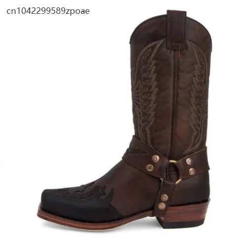 Medieval Retro Men's Square Toe Embroidered PU Leather Boots Side Zipper Gothic Steampunk Cosplay Knight Boots Low Heels 2025