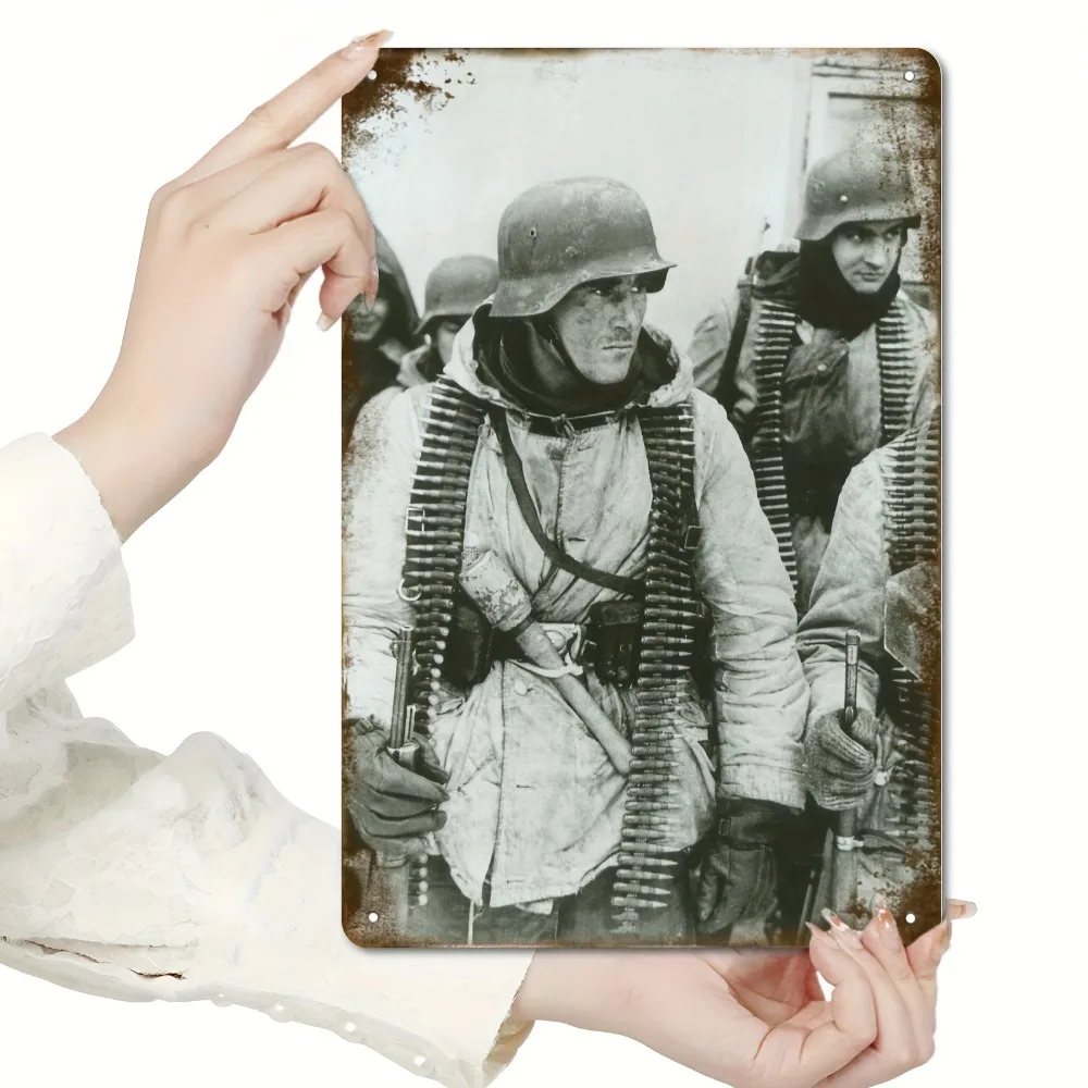 Vintage German Soldier Metal Wall Art 8x12 Inch - 2D Flat Military Scene Iron Decor Sign for Home Office Military Decoration