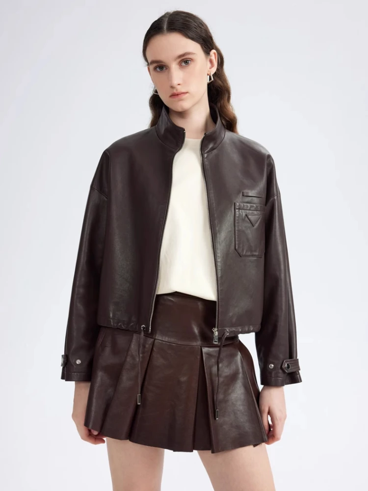 

Genuine Leather Motorcycle Jacket for Women Spring Autumn 2026 New High-end Casual Simple Stand Collar Short Real Sheepskin Coat