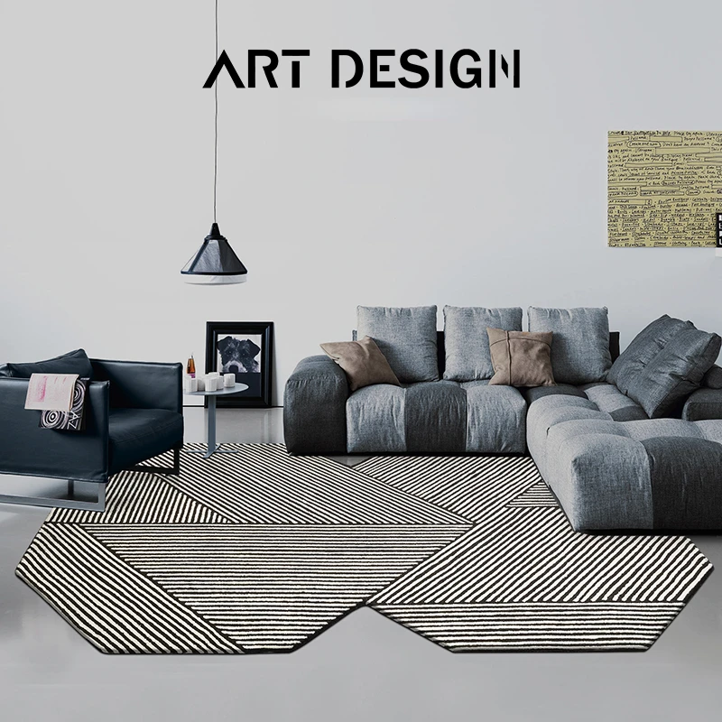 Art Design Living Room Carpet Irregular Black and White Line Rug Bedroom Cloakroom Rugs Dresser Special-shaped Thick Plush Mat