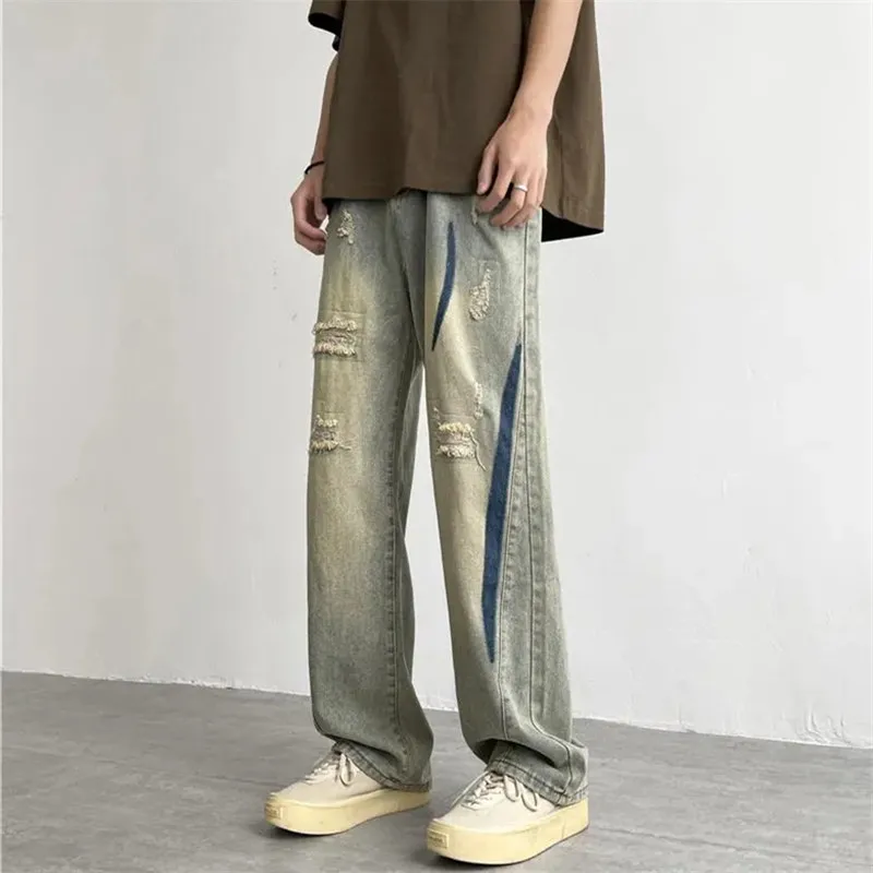 High Street Ripped Jeans Men's Clothing Y2K Color Contrast Straight Pants Button Pocket Loose Spring Summer Trousers A038