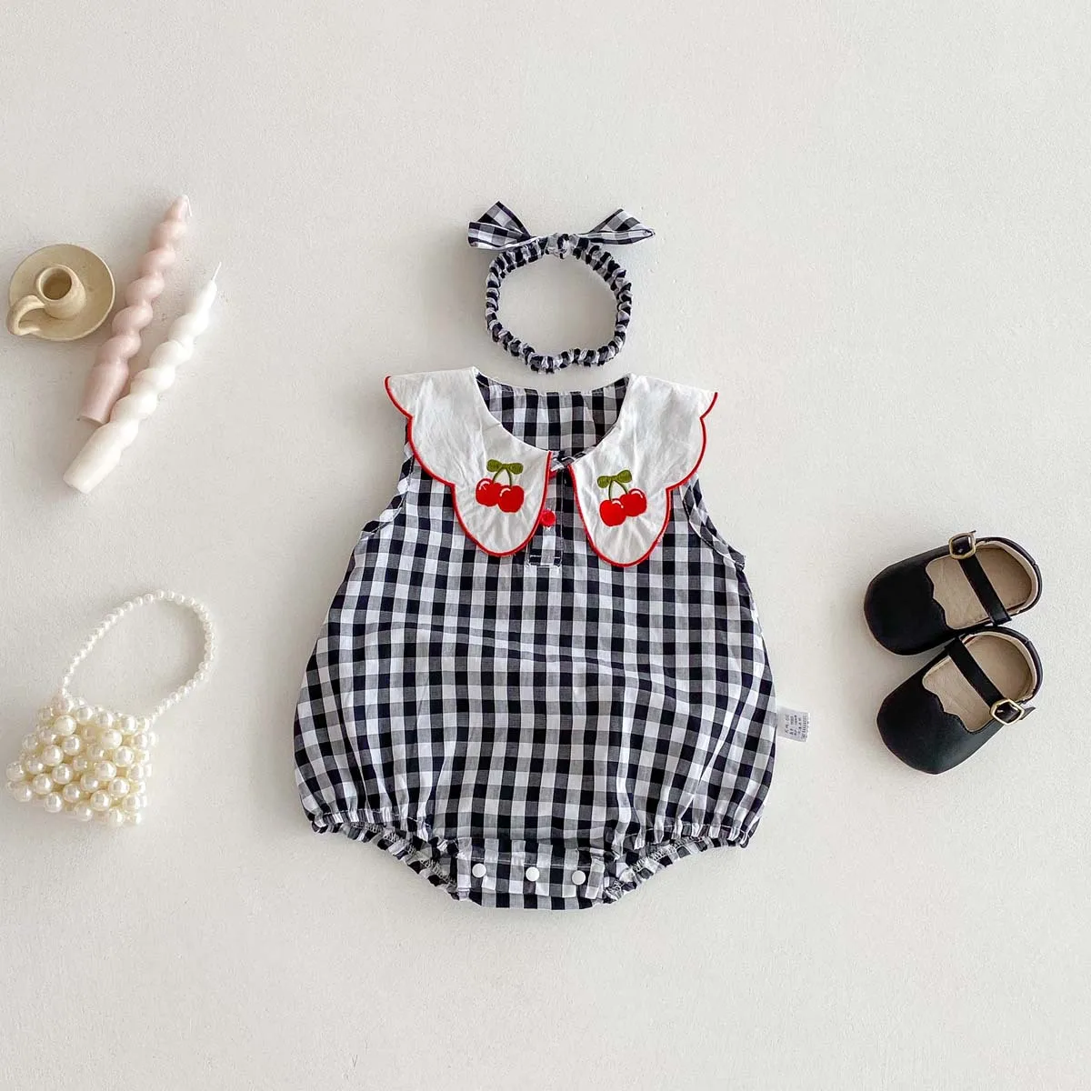 

New Summer Outfit for Baby Girls, Checkered Vest Bag, Cute Cherry Embroidered Baby Collar, Baby Jumpsuit, Thin