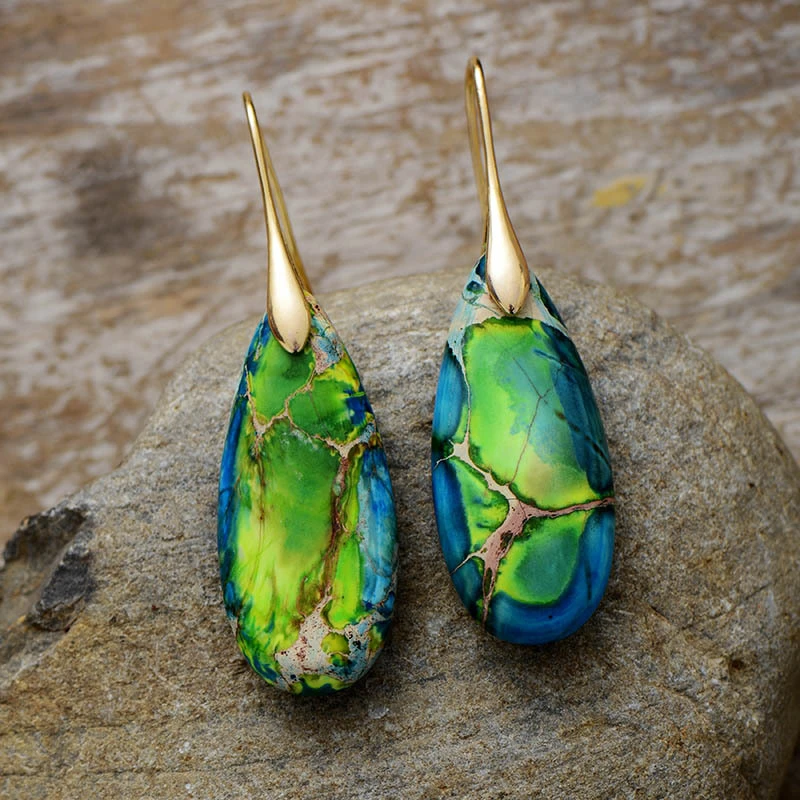 European and American Bohemian Style Imperial Stone Droplet Pendant Earrings Women Natural Stone Jewelry Personalized Earrings