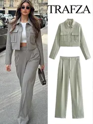 TRAFZA 2024 Spring 2 Piece Suits For Women Trend Single Breasted Cardigan Coat + Office Lady Vintage Women's Wide Leg Long Pant