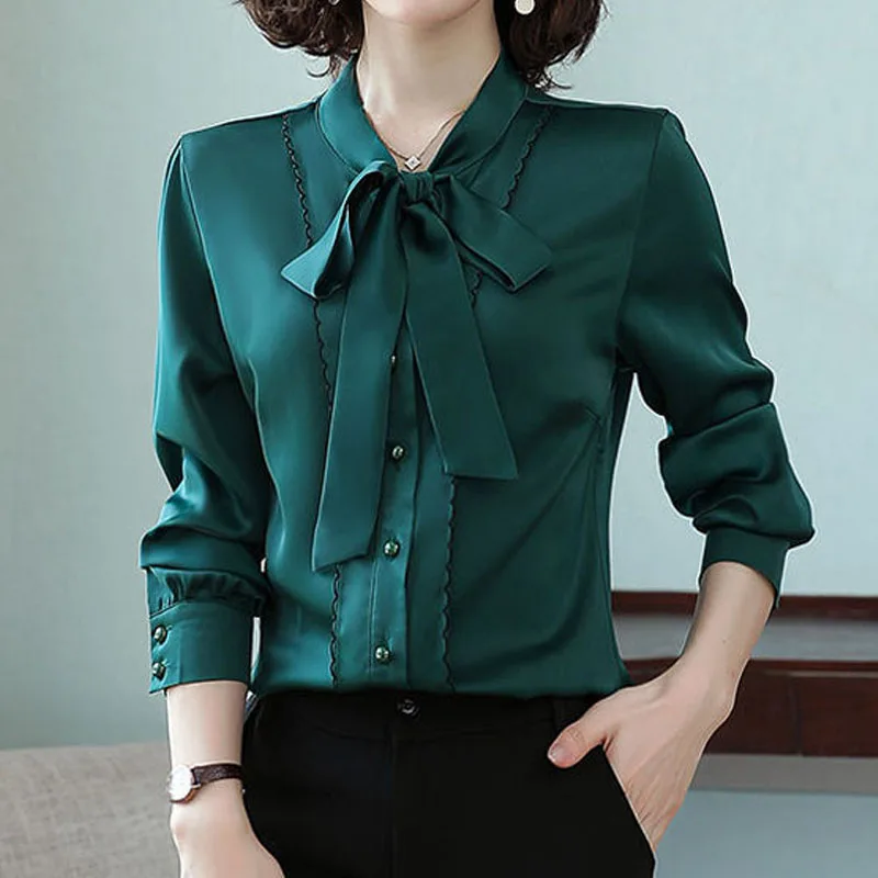 Korean Elegant Lace Up Button Shirt Female Autumn Winter Fashion Solid Color Office Lady Long Sleeve Bow Blouse Women\'s Clothing