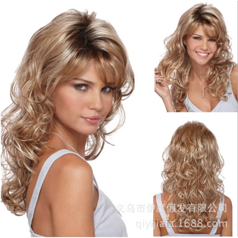 Wig -parted voluminous long curly hair, face-slimming brown headpiece, European and American style with side bangs