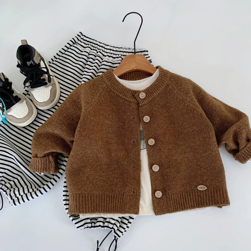 

2025 Winter New Boys' and Girls' Solid Color Knitted Thickened Warm Versatile Cardigan