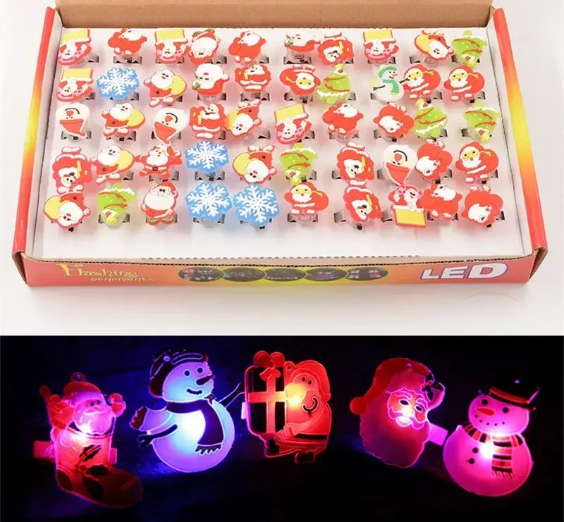 [Funny] 50pcs/lot Flashing LED Light Up Toys Christmas Santa Claus Christmas tree Snowflakes Snowmen Ring toy kids girl gift