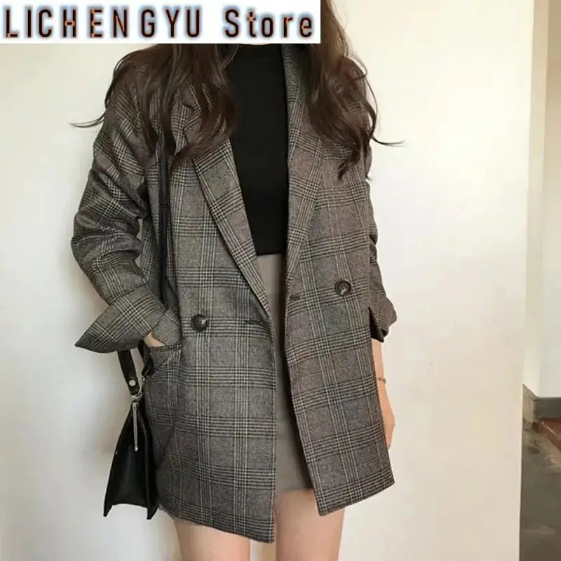 

New Fashion Spring Autumn Plaid Women Blazer Jacket Korean Long Sleeve Double-Breasted Office Suit Coats Female Casual Tops