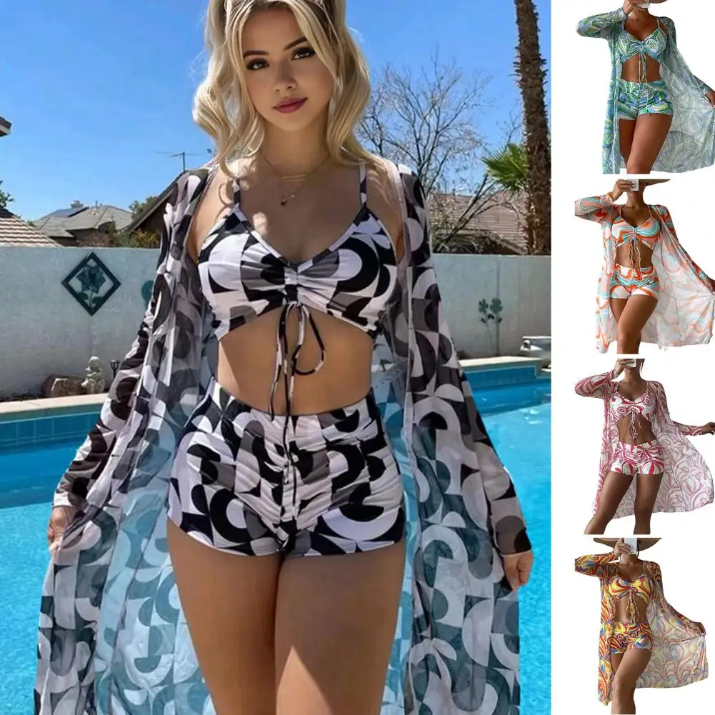 3Pcs/Set Women Swimsuit Set Sling Adjustable Drawstring Tops High Waist Swimming Shorts Long Sleeve Printing Cover Up Set