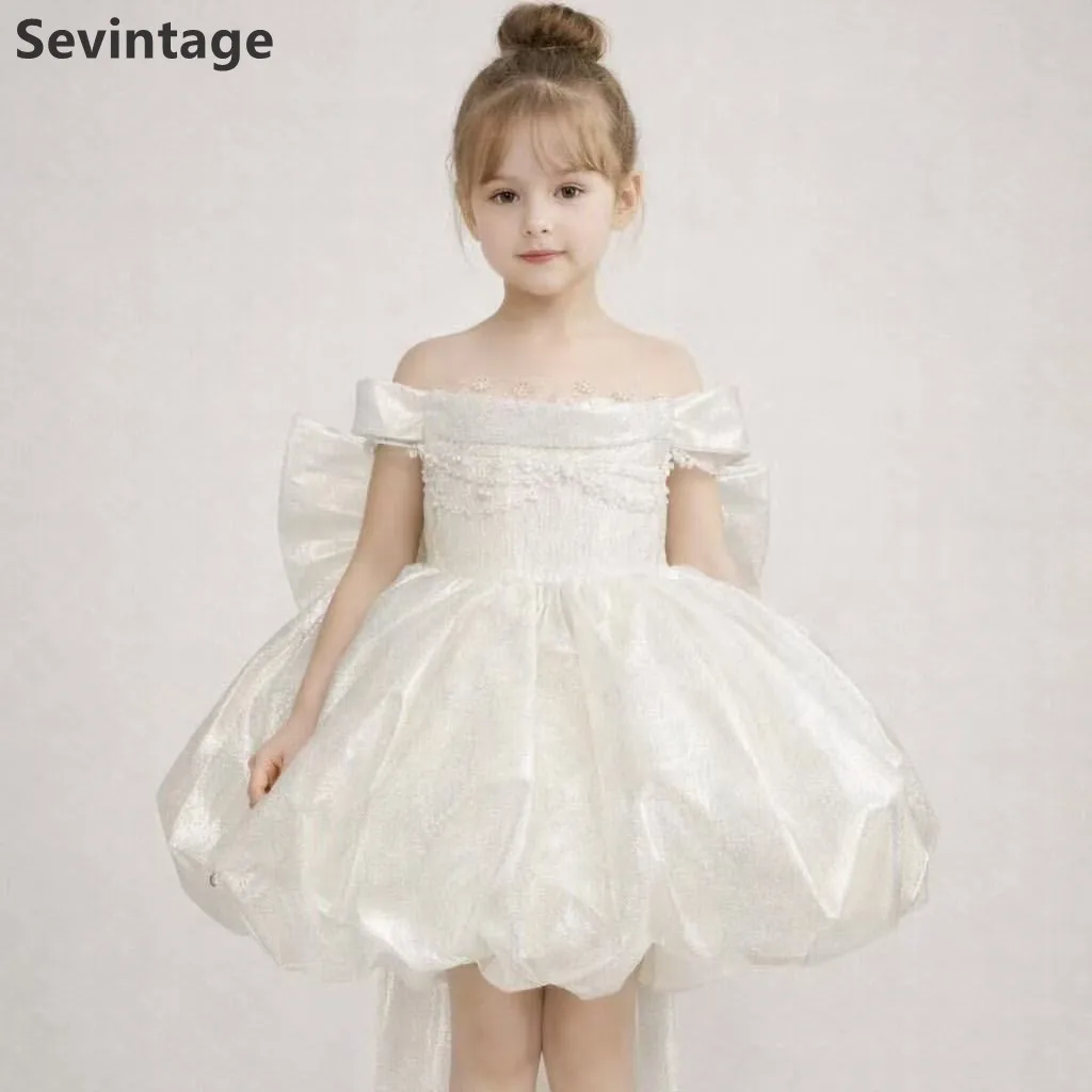 Sevintage Cute Mini Flower Girl Dresses Off Shoulder Princess Ball Gown Oversized Bow Beaded Bodice Celebrity Birthday Dress