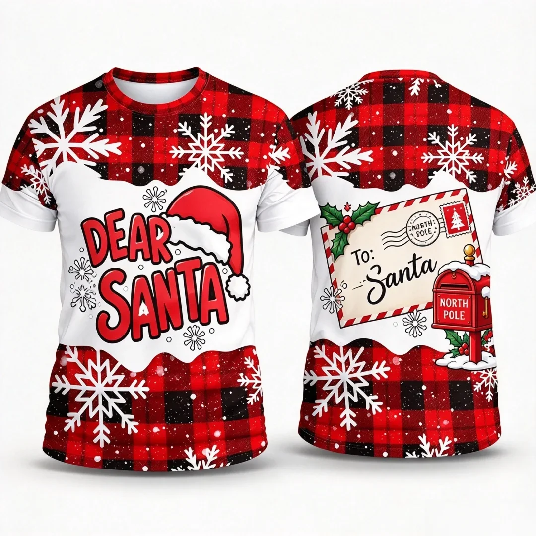 2026 Fashion New Xmas Bell Gift Wreath Graphic T-shirt Red Plaid Snowflake Short Sleeve Tee Christmas Holiday T Shirt Tops