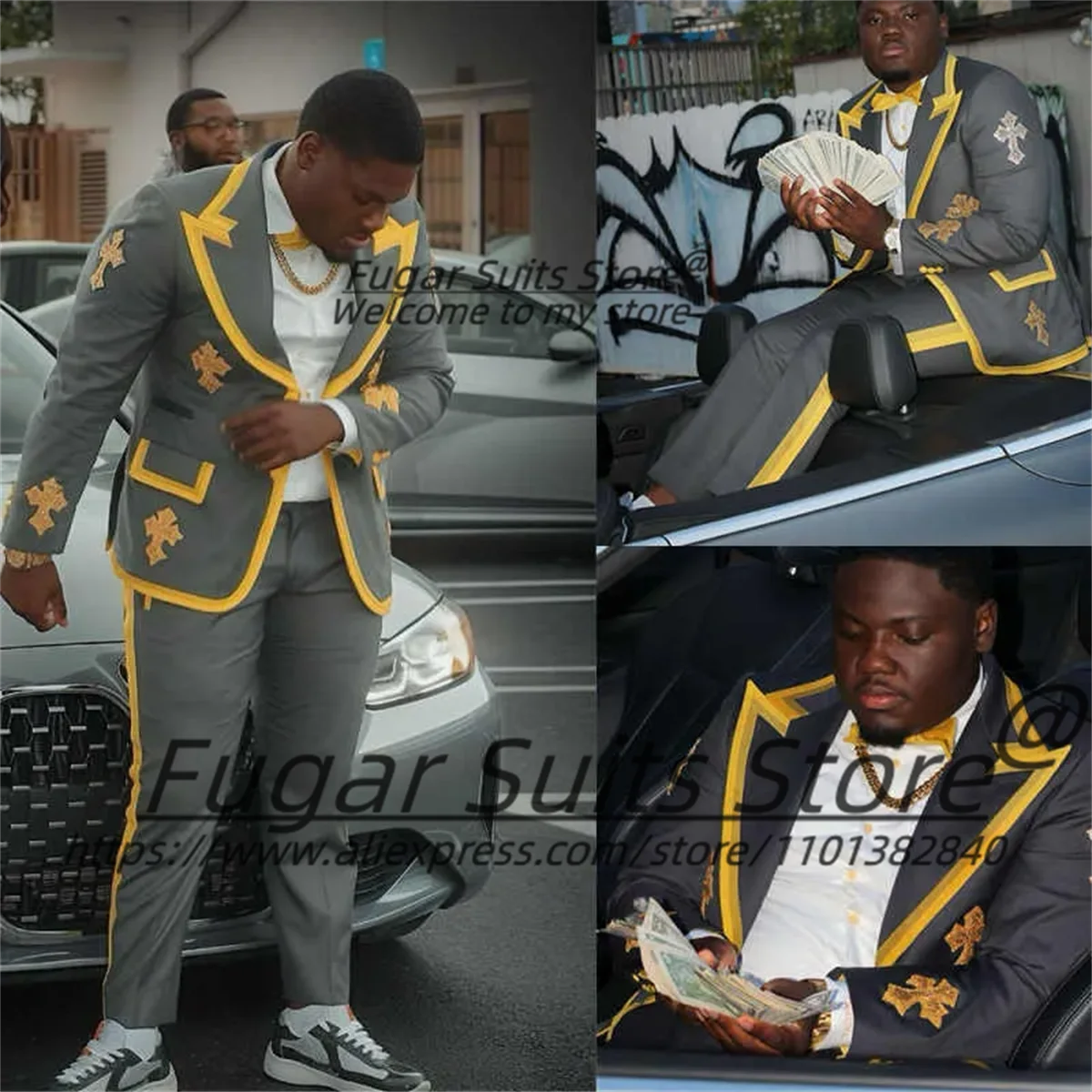 

Мужской костюм больших размеров с аппликациями и желтыми краями, роскошный, для торжественных мероприятий, свадебный смокинг, комплект из 2 предметов, мужские пиджаки для вечеринок, Ropa Hombre