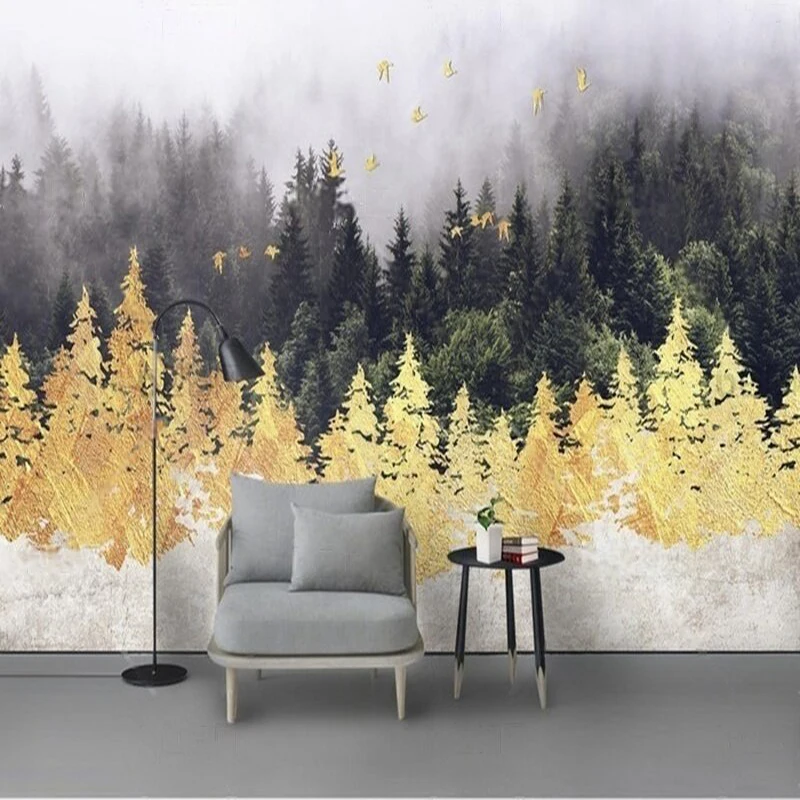 New modern simple hand-painted golden forest flying birds abstract TV luxurious home decoration bedroom carved background wall