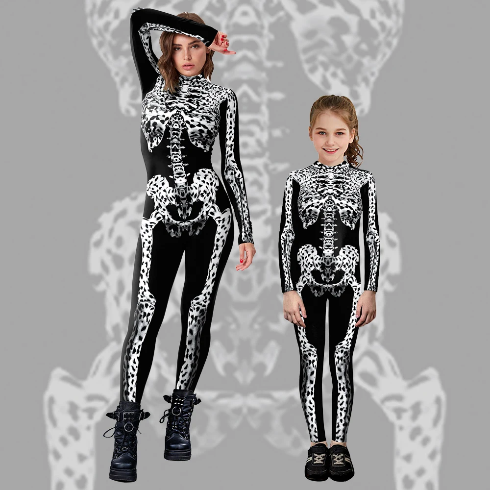 

Hallowen Cosplay Costume Matching Outfit White Leopard Skeleton Print Parent-Child Costume Bodysuit Zentai Suit Party Clothing