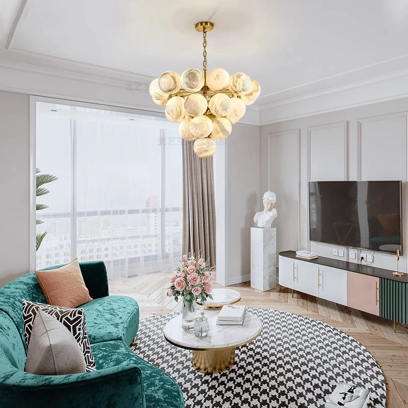 Luxury Natural Spanish Marble Balls Chandeliers Gold First Class Stone Hanging Lamps for Villa Duplex