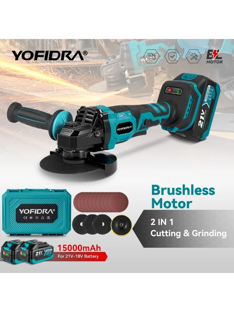 YOFIDRA 125mm Bürstenloser Winkelschleifer 3-Gang-Schleifmaschine Polier- und Schneidwerkzeug für Holzbearbeitung Kompatibel mit Makita 21V Akku