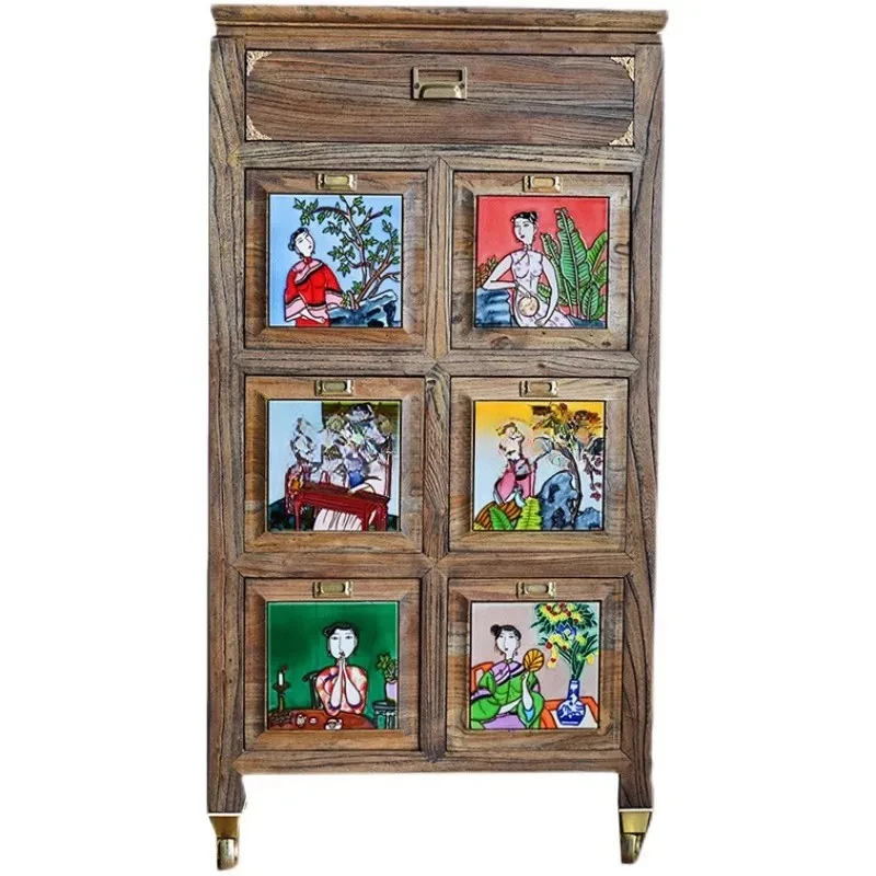 

Elm tonality retro living room bedroom whole grid storage furniture entrance side cabinet