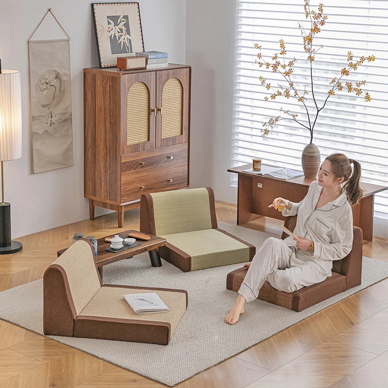 日本の竹シルクフロアチェア畳シート座椅子瞑想用スツールポータブルバルコニーラウンジ人間工学に基づいたソファ背もたれリクライニングチェア