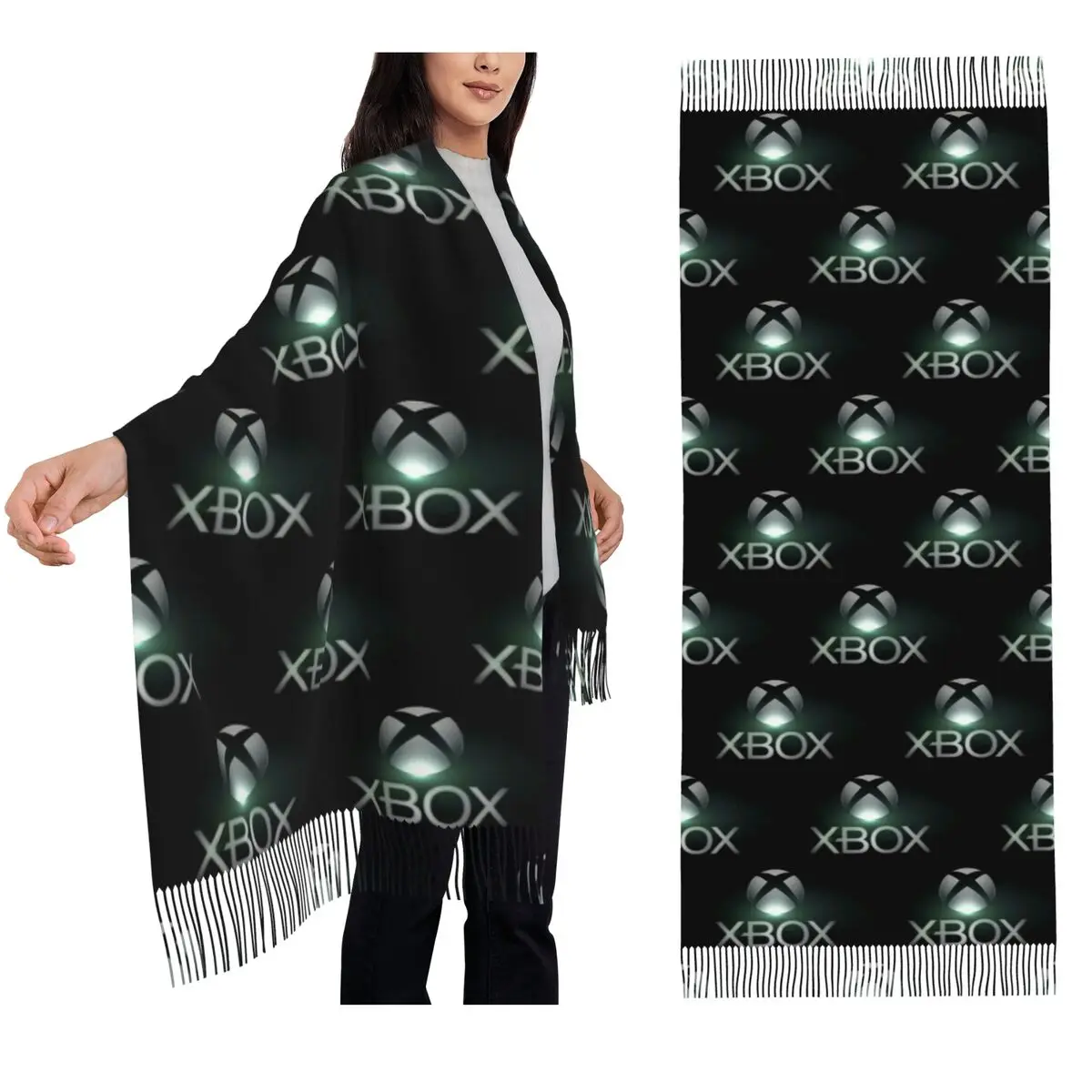 وشاح بشعار Xbox باللون الأخضر وشاح شرابة للنساء شالات دافئة ناعمة ويلتف شال طويل للخريف والشتاء #1