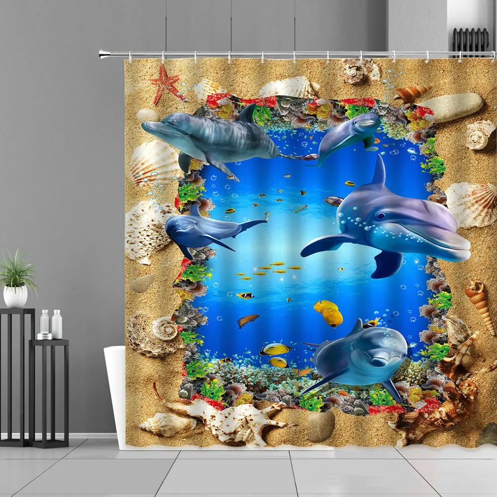 Animal Shark Tropical Fish Ocean Scenery Shower Curtain Set Waterproof Underwater World Bathroom Screen