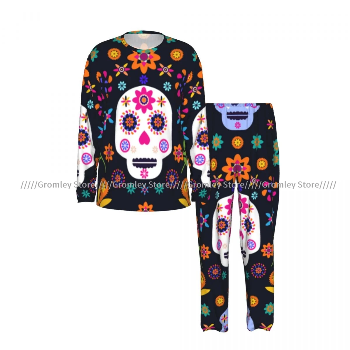 Men's Pajama Set Long Sleeve and Long Pants Sugar Skulls And Colorful Flowers Soft Sleepwear for Home