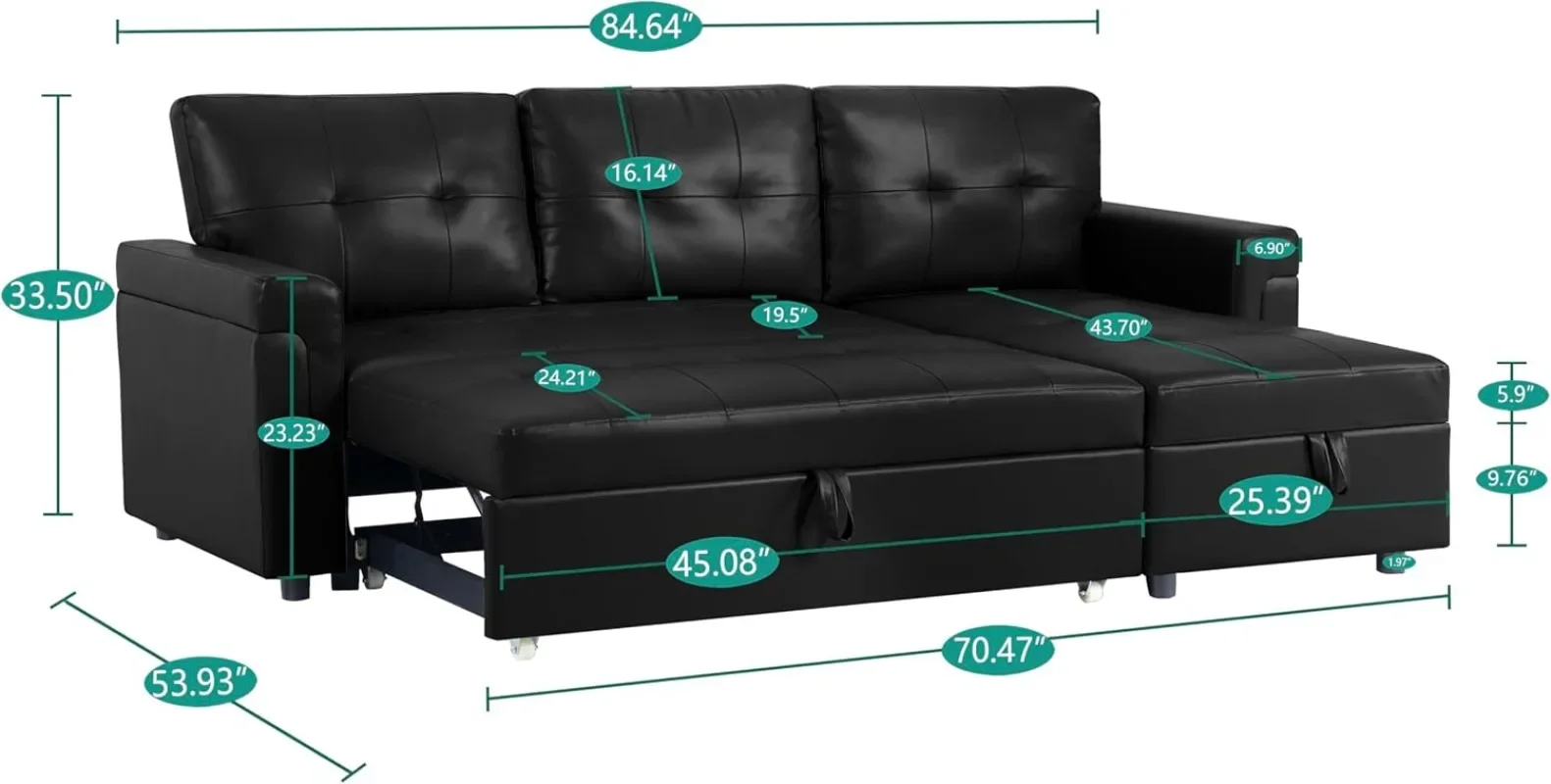 Sofa Sleeper with Storage Chaise, Tufted Pull Out Couch with Storage, Sectional Sofa Bed, with Storage, Black,Air Leather