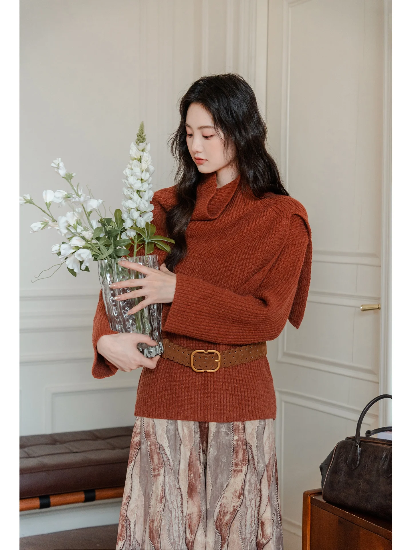 

Unique High Collar Knitted Sweater Women's Winter Inner Wear Two Piece Set Cable Knit awl Coat Beautiful And Attractive