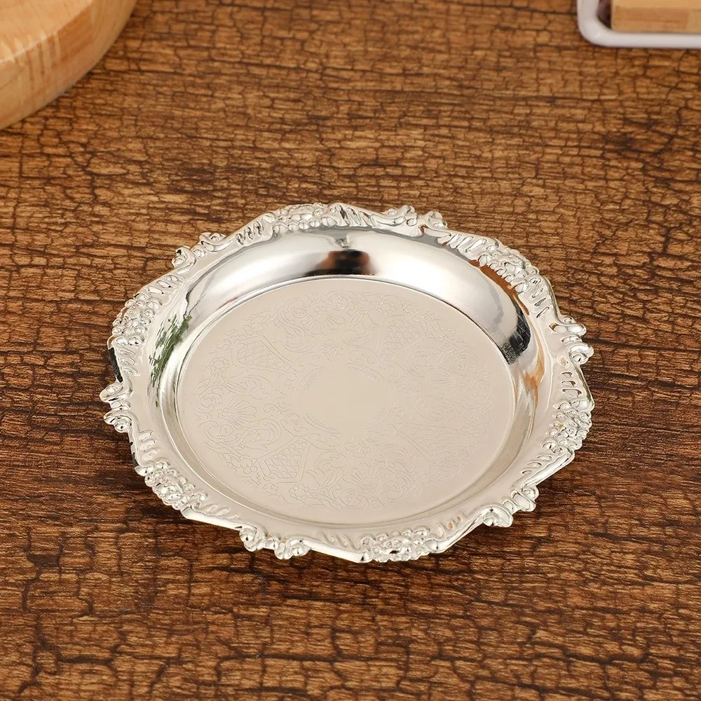 Vintage 10cm Metal Tray Luxury Silver/Gold Dessert Tray Carved Embossed Iron Decoration Plate Cake Snack Serving