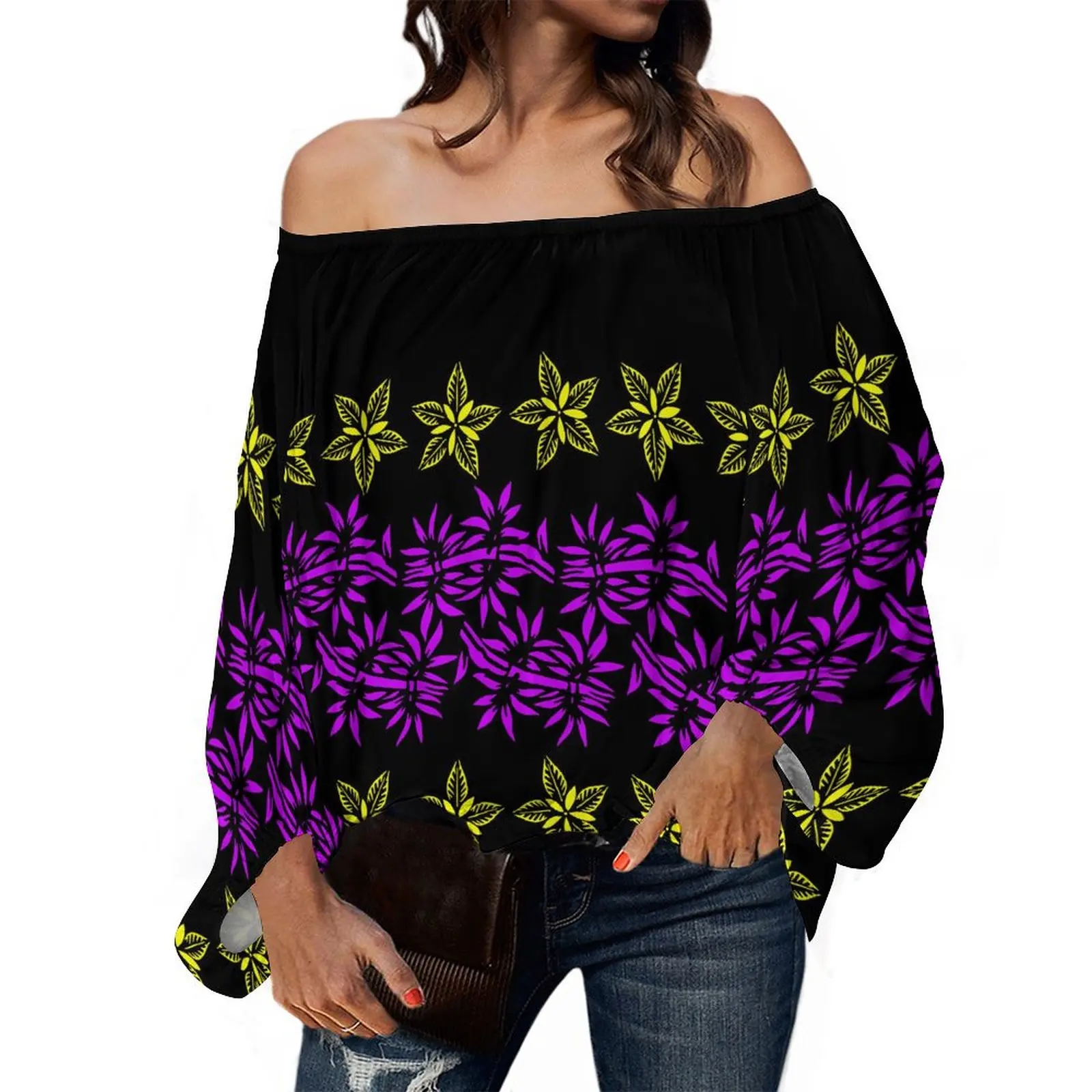 Ladies Top Polynesian Floral Print Casual Lantern Long Sleeve Design One-Line Shoulder Temperament Top For Party Women