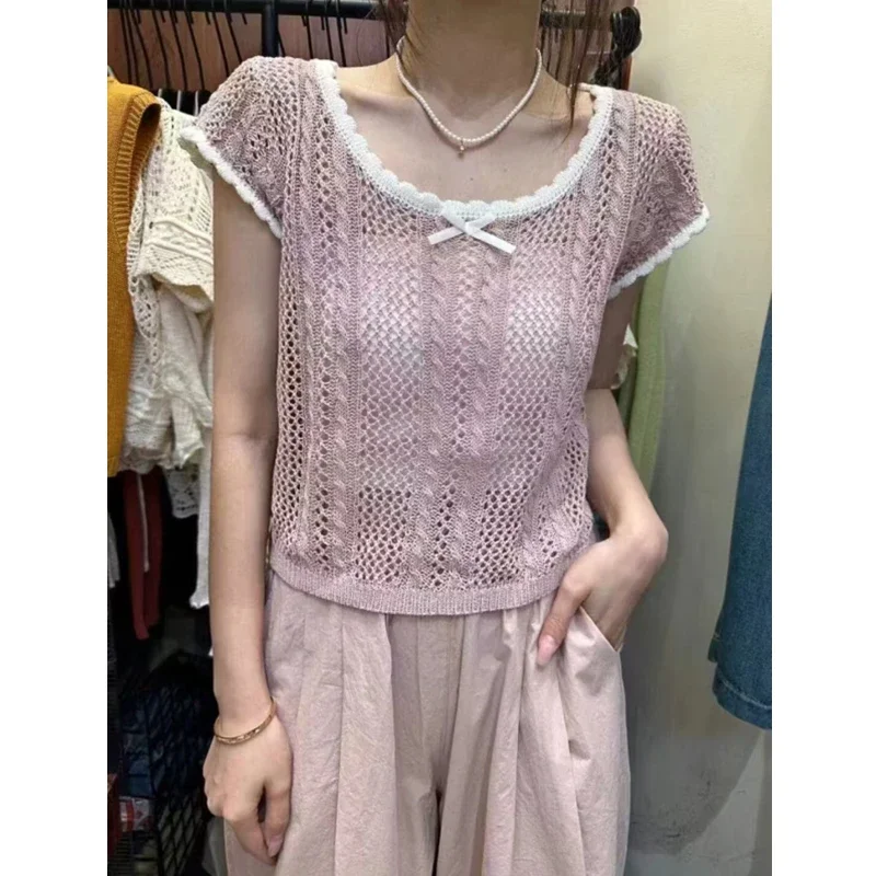 Women Bow Front Pointelle Knit Top Short Sleeve Sweater Tops with Ribbon Ruffled Hem Pullover Teengirl Summer Barbiecore Outfit