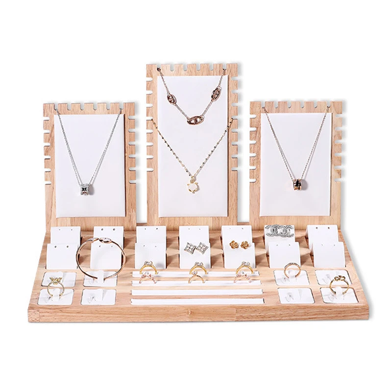 Solid Wood Jewelry Display Stand Necklace Pendant Bracelet Chain Ring Earrings Stud Organizer Jewelry Display Props Entire Set