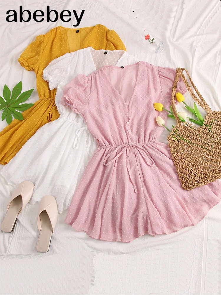 

Women Dot Chiffon Rompers short sleeves Korean beach overalls bohemian loose casual summer wide leg pants playsuits