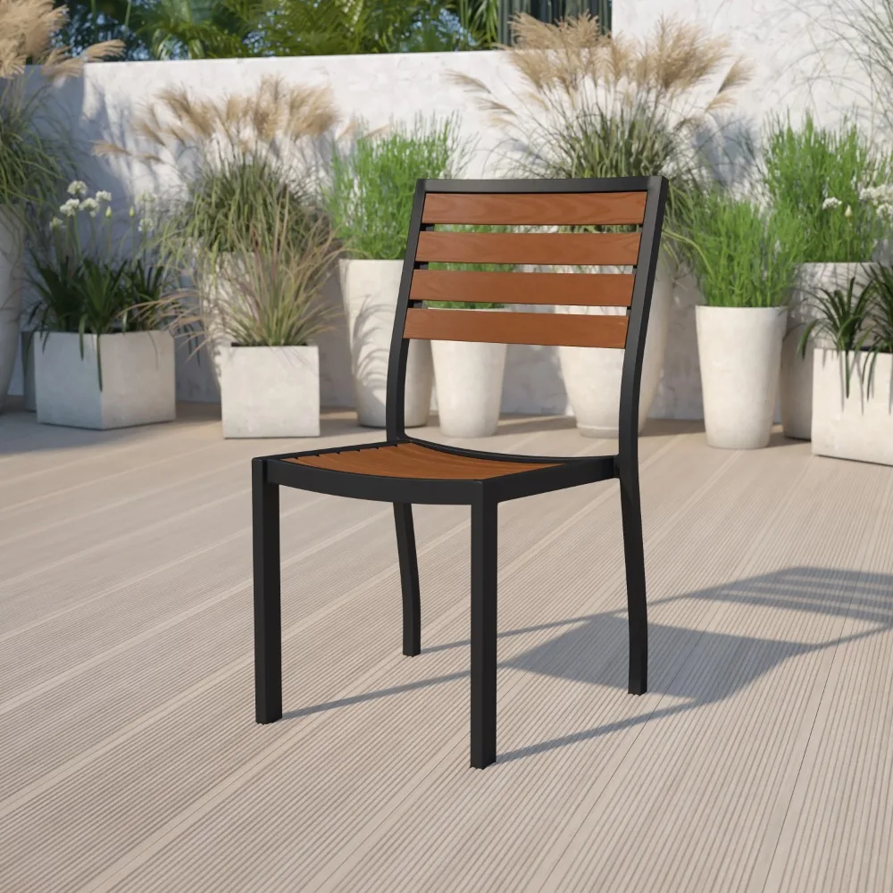 Garden Chairs, Outdoor Stackable Side Chair with Faux Teak Poly Slats, Outdoor Chairs