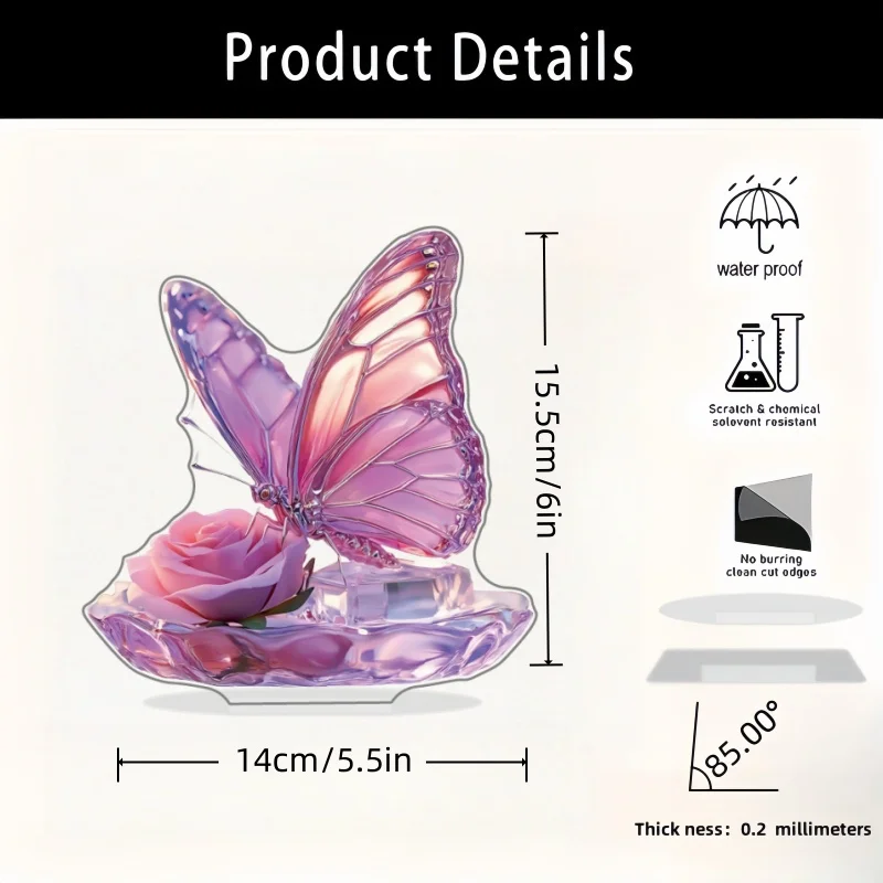 2D Flat, 1pc Pink Butterfly on Rose Acrylic Desktop Ornament - L-Shaped Suitable for Home, Farmhouse, Office Decor with Rose Bas