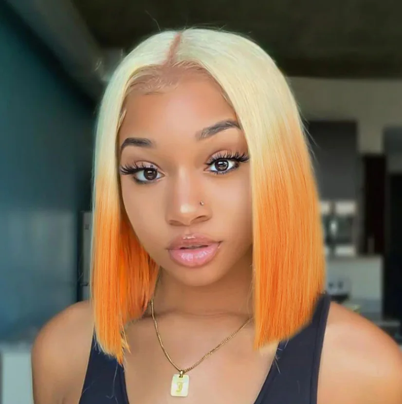 WHIMSICAL W Synthetic Short Blonde Orange Cosplay Wig Straight Bob Wigs for Women Middle Part Natural Blonde Pink Red Hair Wigs