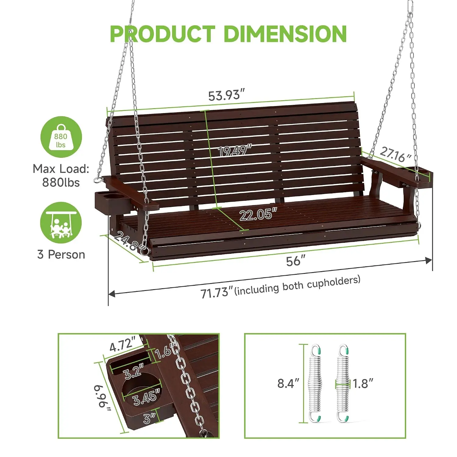 Wooden 3 Person Outdoor Hanging Porch Swing with Cup Holders, 22