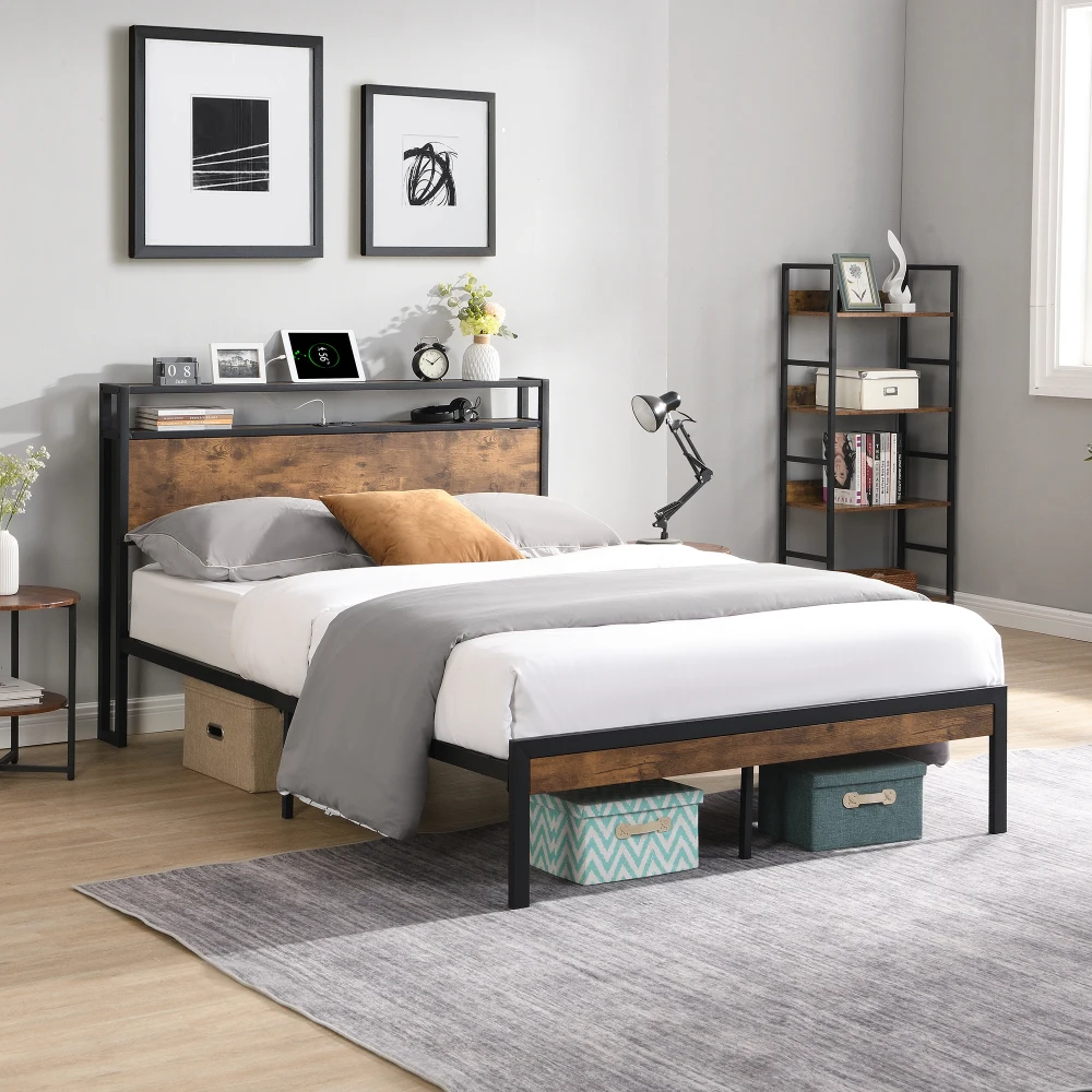 Orraves Queen Size  Metal Platform Bed Frame with Wooden Headboard and Footboard with USB LINER, No Box Spring Needed, Large Under Bed Storage, Easy Assemble