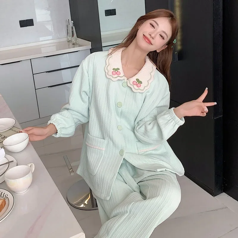 

2024 New Autumn Winter Air Cotton Pregnant Women Pajamas Slim Moon Clothes Adjustable Homewear V-neck Loose Sweet Loungewear Set