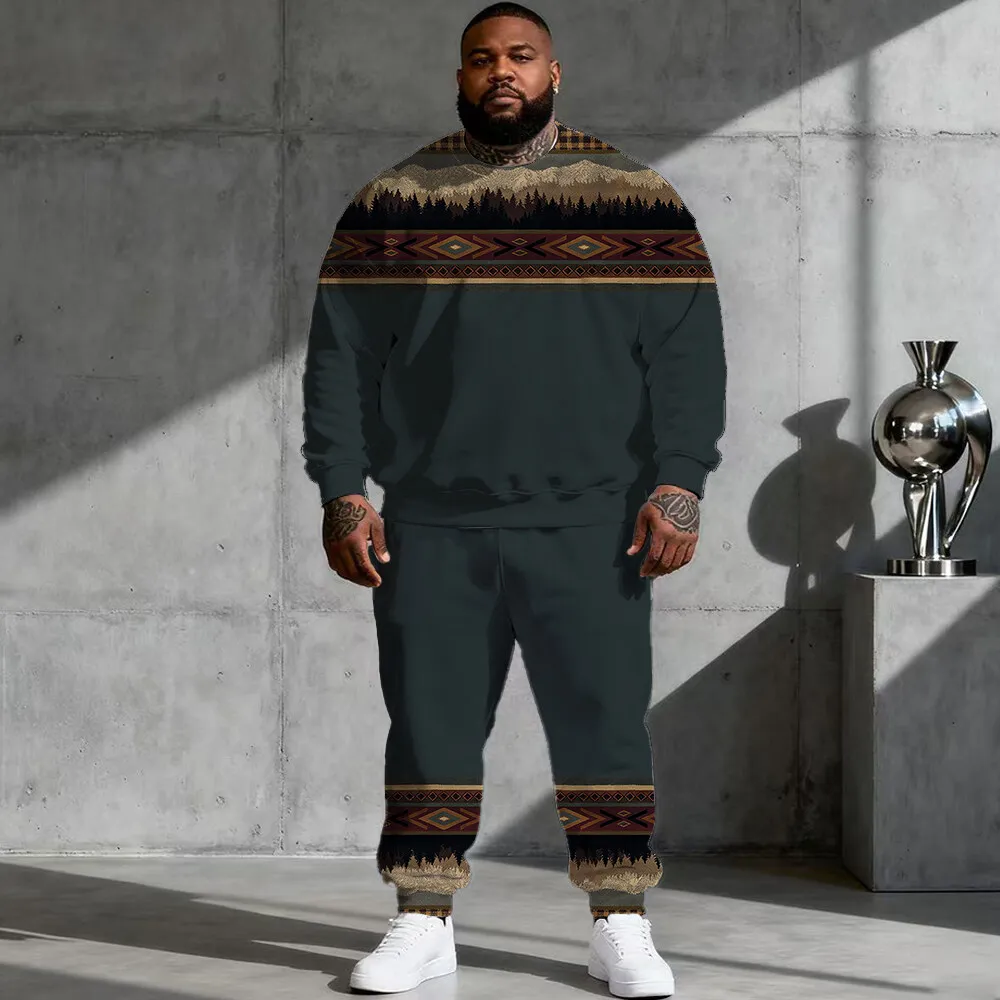 

S-9xl Комплект толстовок больших размеров с капюшоном большого и высокого размера с этнической атмосферой — модный из двух предметов, из дышащего материала, ретро-племенный дизайн