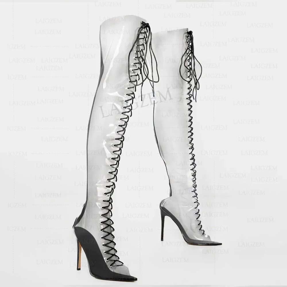 SEIIHEM Women Over Knee High Boots Clear PVC Back Zip Thin High Heels Transparent Tall Boots Shoes Woman Plus Big Size 38 41 43