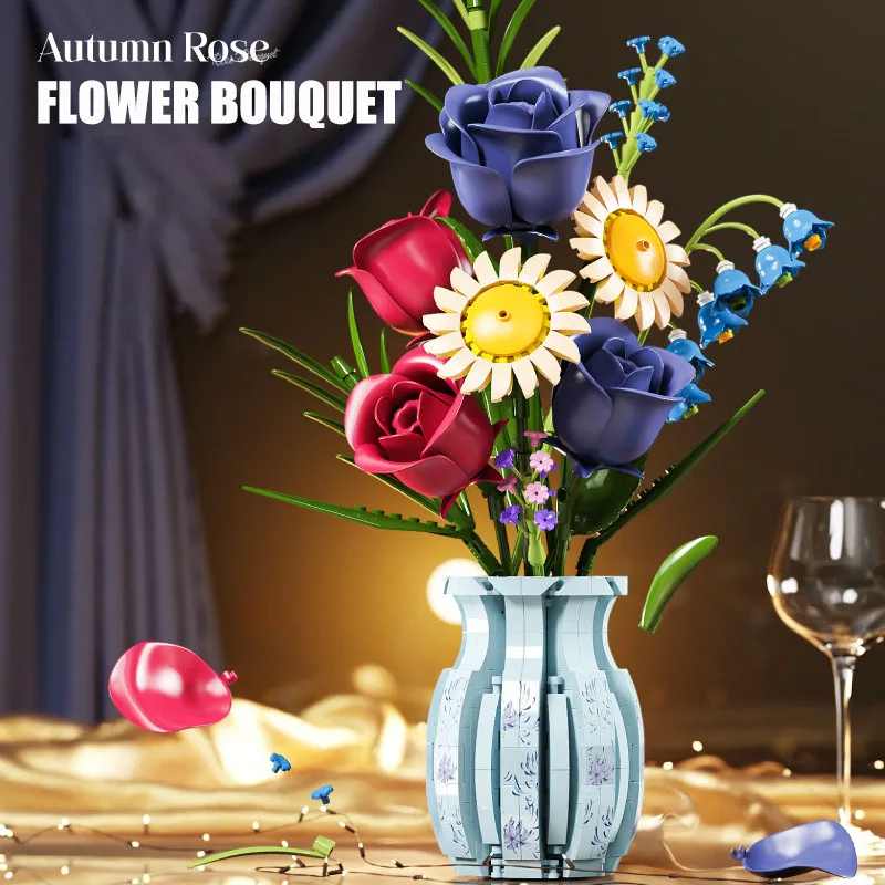 Creativo 787PCS Blu Rosa Vaso Piante Modello Building Blocks MOC Romantico Classico Bouquet di Fiori In Vaso di Mattoni Giocattolo Per I Bambini Regalo