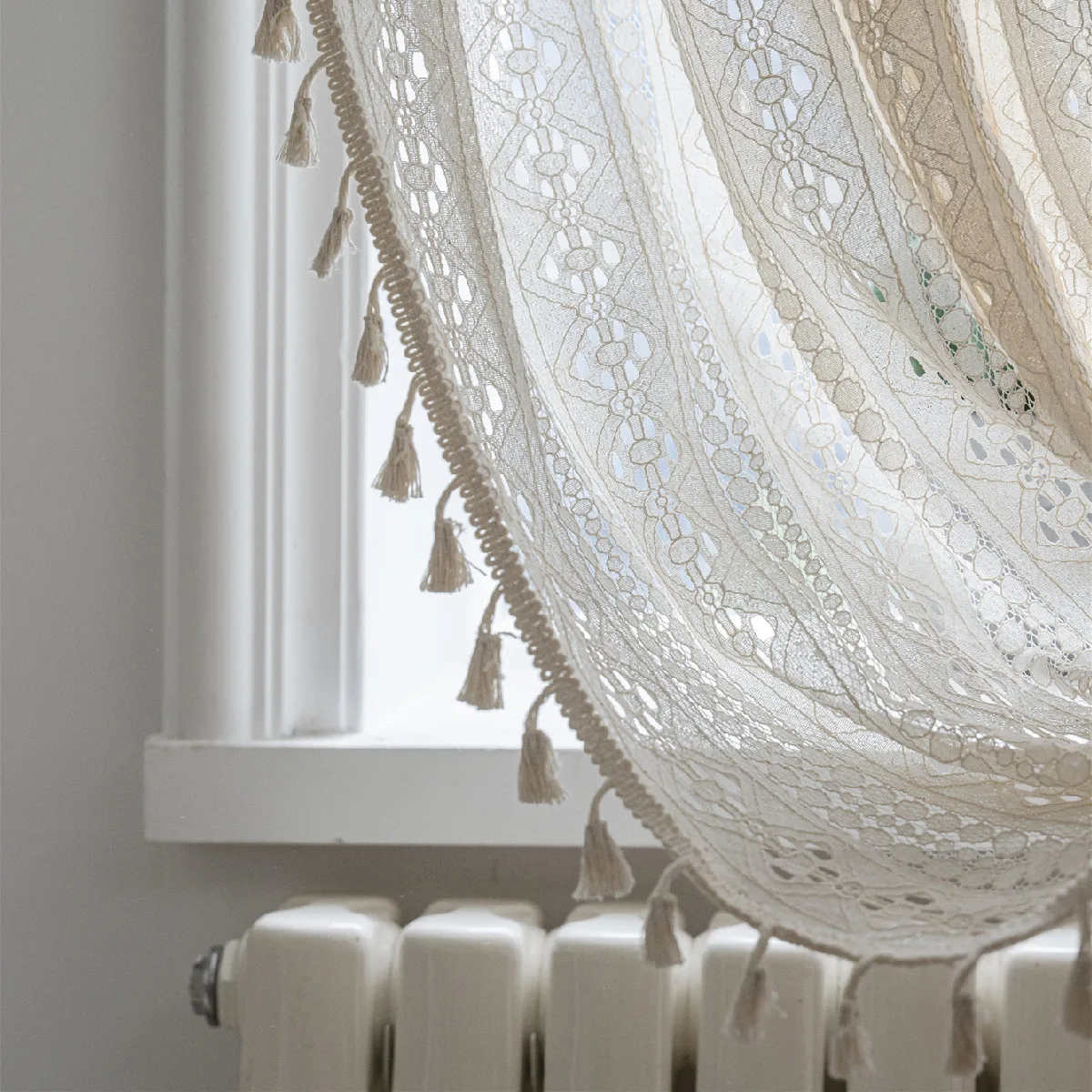 American Bohemian retro beige cotton crochet cutout geometric pattern transparent fringe decorative curtain 1PC