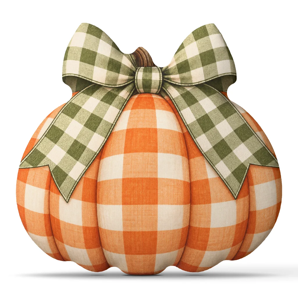 Gingham Pumpkin Shaped Plush Pillow Fall Farmhouse Cushion with Green Bow Autumn Harvest Throw Pillow Sofa Home Decor Gift