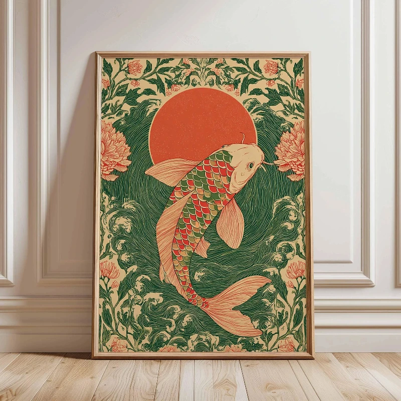 1pc frameless Canvas Painting Japanese Koi Fish Poster, Vintage Style Wall Art Print Red Sun and Waves Oriental Art Decor for Ze